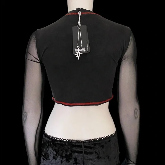 Darker Wavs DollsKill | NWT’s cyber Y2K mesh cropped graphic gothic grunge top - Picture 3 of 6